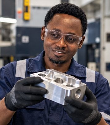 Machinist inspecting a finished aluminium block