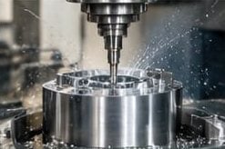 End mill cutting a round aluminium part with coolant spray