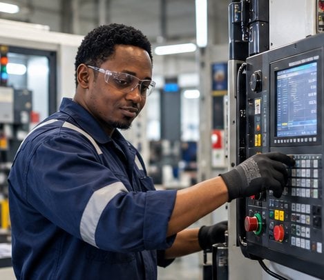 Machinist operating a CNC control panel
