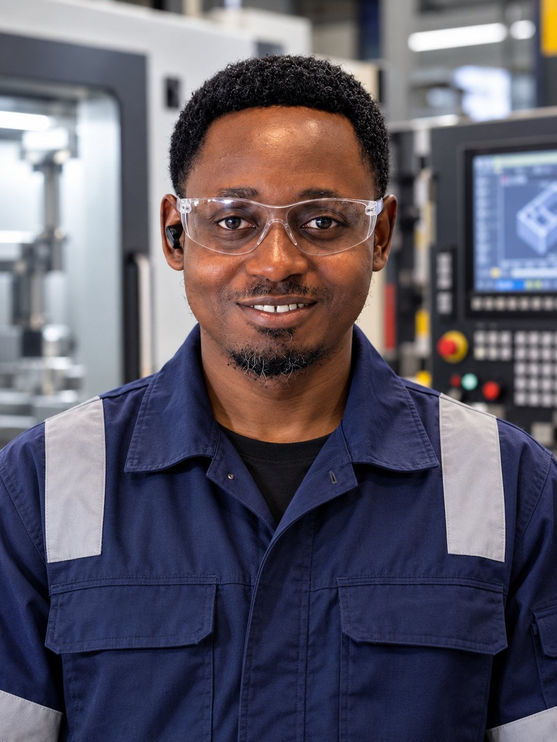 CNC machinist in navy coveralls and safety glasses standing in front of a CNC control panel