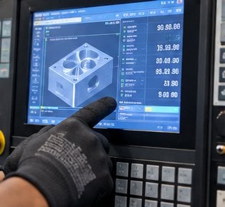Gloved hand selecting a 3D part model on a CNC control screen