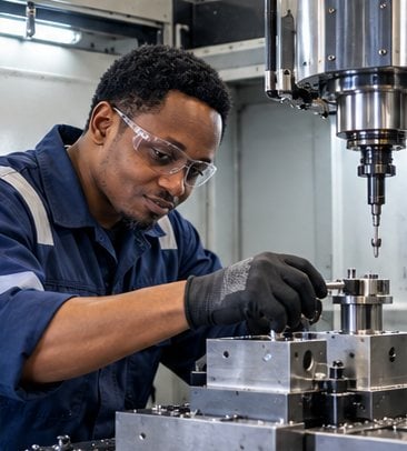 Machinist clamping an aluminium workpiece under a milling spindle
