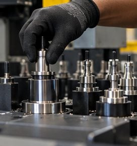 Gloved hand placing a tool holder in a CNC tool rack
